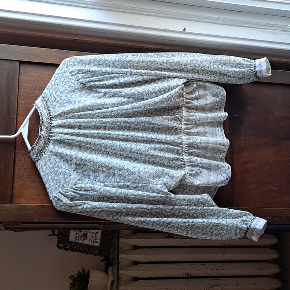 Free People size xs teal and brown print high collar ruffled beaded detail blous - Picture 7 of 7